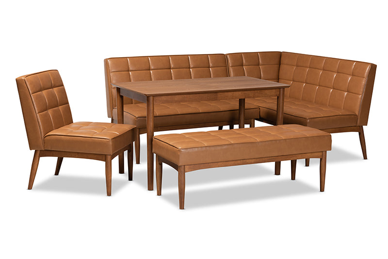 Yara Mid-Century Modern Tan Faux Leather Upholstered and Walnut Brown Finished Wood 5-Piece Dining Nook Set