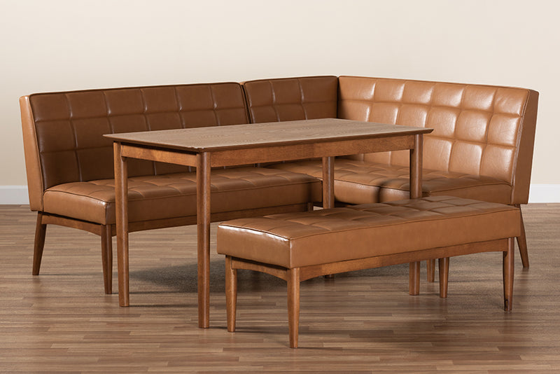 Yara Mid-Century Modern Tan Faux Leather Upholstered and Walnut Brown Finished Wood 4-Piece Dining Nook Set