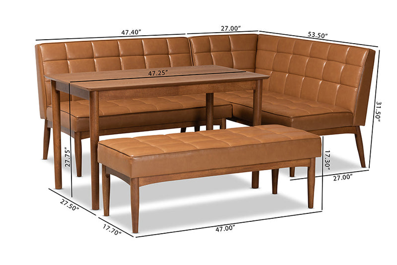 Yara Tan Faux Leather Upholstered and Walnut Brown 4Pc Dining Nook Set Baxton