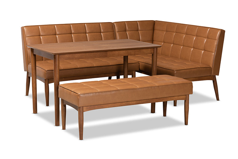 Yara Mid-Century Modern Tan Faux Leather Upholstered and Walnut Brown Finished Wood 4-Piece Dining Nook Set