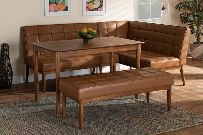 Yara Mid-Century Modern Tan Faux Leather Upholstered and Walnut Brown Finished Wood 4-Piece Dining Nook Set