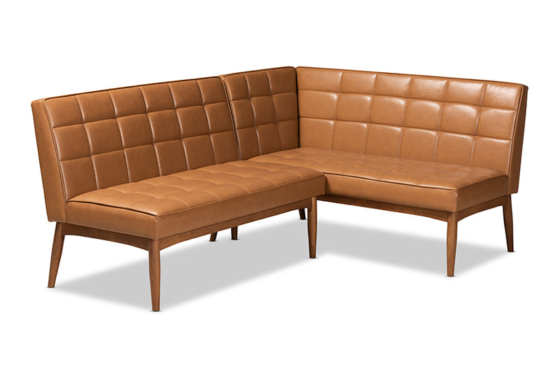 Yara Mid-Century Modern Tan Faux Leather Upholstered and Walnut Brown Finished Wood 2-Piece Dining Nook Banquette Set