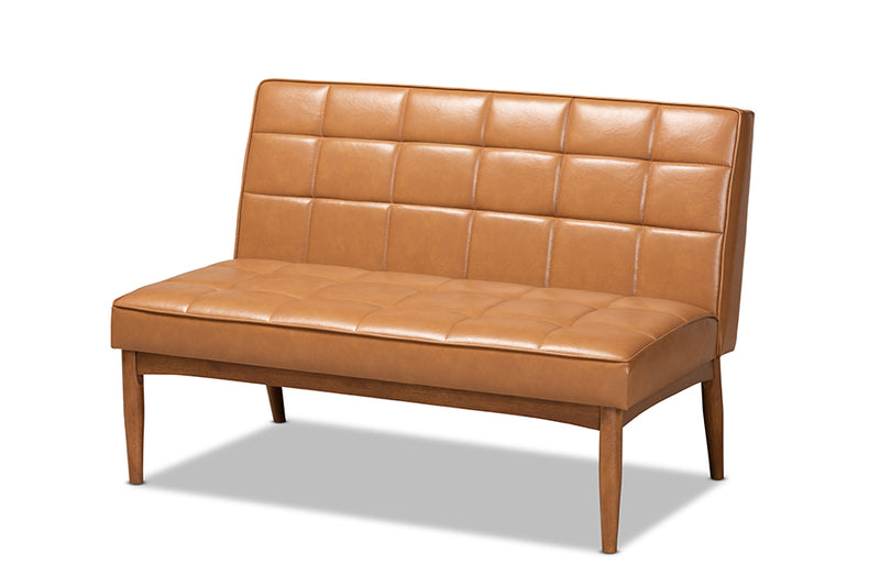 Yara Mid-Century Modern Tan Faux Leather Upholstered and Walnut Brown Finished Wood 2-Piece Dining Nook Banquette Set