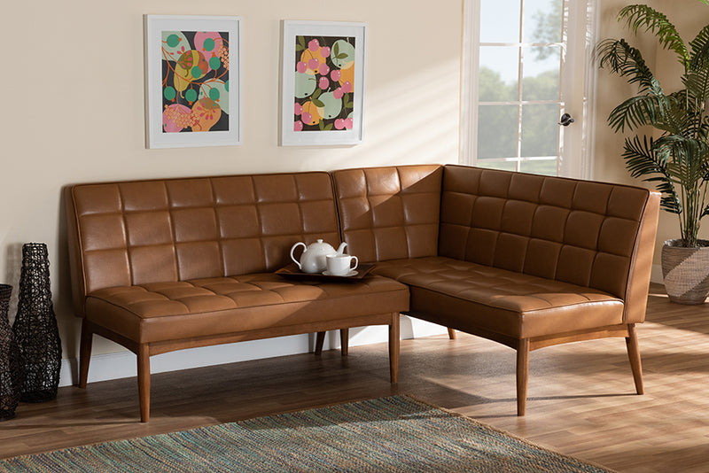 Yara Mid-Century Modern Tan Faux Leather Upholstered and Walnut Brown Finished Wood 2-Piece Dining Nook Banquette Set