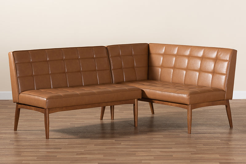 Yara Mid-Century Modern Tan Faux Leather Upholstered and Walnut Brown Finished Wood 2-Piece Dining Nook Banquette Set