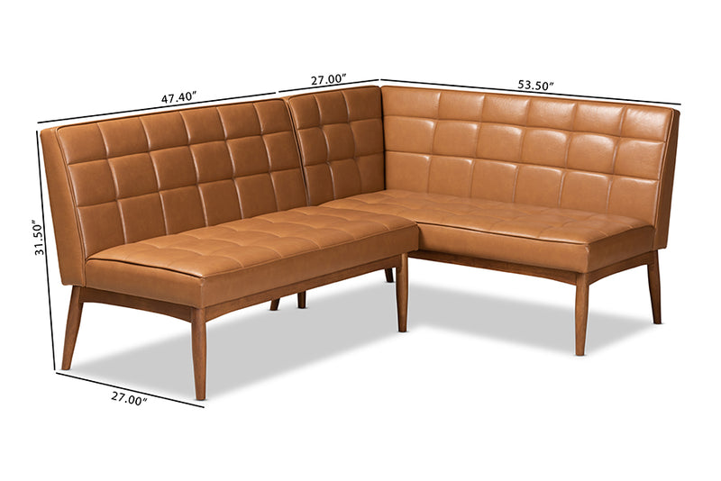 Yara Mid-Century Modern Tan Faux Leather Upholstered and Walnut Brown Finished Wood 2-Piece Dining Nook Banquette Set