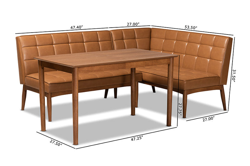 Yara Tan Faux Leather Upholstered and Walnut Brown 3-Piece Dining Nook Set Baxton