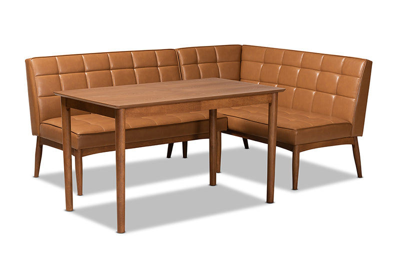 Yara Mid-Century Modern Tan Faux Leather Upholstered and Walnut Brown Finished Wood 3-Piece Dining Nook Set