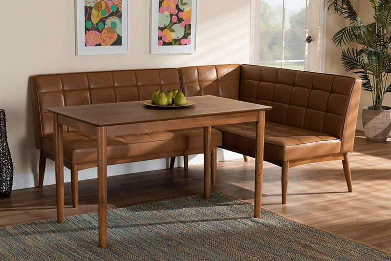 Yara Tan Faux Leather Upholstered and Walnut Brown 3-Piece Dining Nook Set Baxton