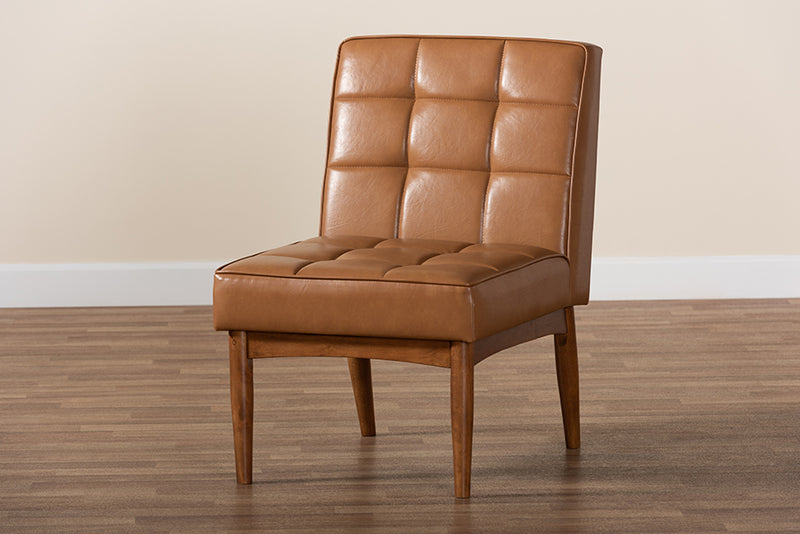 Yara Mid-Century Modern Tan Faux Leather Upholstered and Walnut Brown Finished Wood Dining Chair