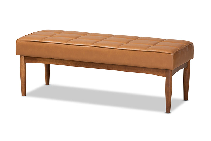 Yara Mid-Century Modern Tan Faux Leather Upholstered and Walnut Brown Finished Wood Dining Bench