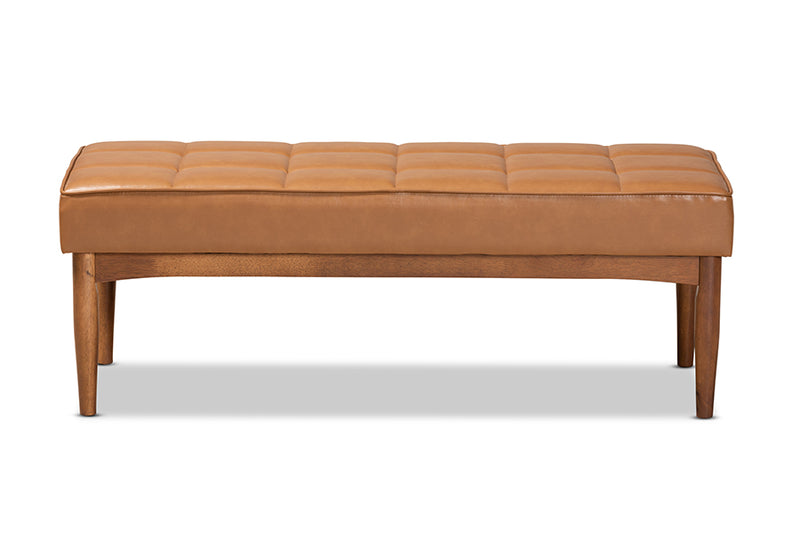 Yara Mid-Century Modern Tan Faux Leather Upholstered and Walnut Brown Finished Wood Dining Bench