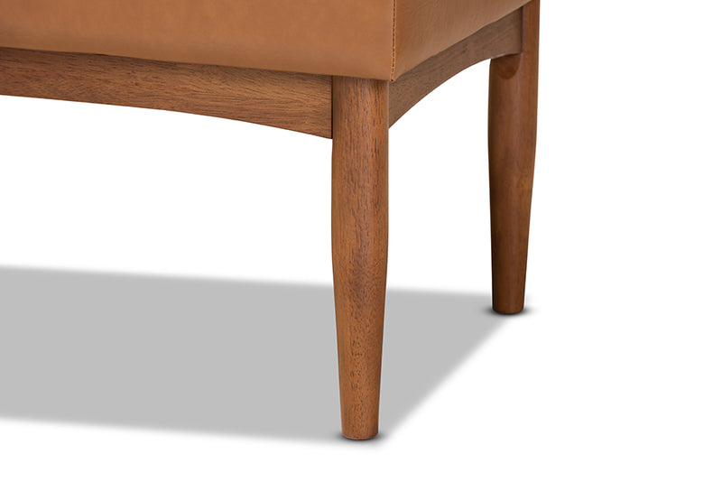 Yara Mid-Century Modern Tan Faux Leather Upholstered and Walnut Brown Finished Wood Dining Bench