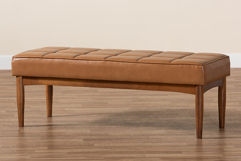 Yara Mid-Century Modern Tan Faux Leather Upholstered and Walnut Brown Finished Wood Dining Bench