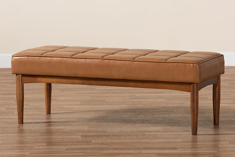 Yara Tan Faux Leather Upholstered and Walnut Brown Dining Bench Baxton