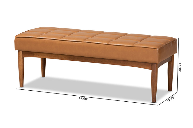 Yara Mid-Century Modern Tan Faux Leather Upholstered and Walnut Brown Finished Wood Dining Bench