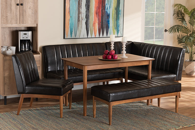 Camelia Mid-Century Modern Dark Brown Faux Leather Upholstered and Walnut Brown Finished Wood 5-Piece Dining Nook Set