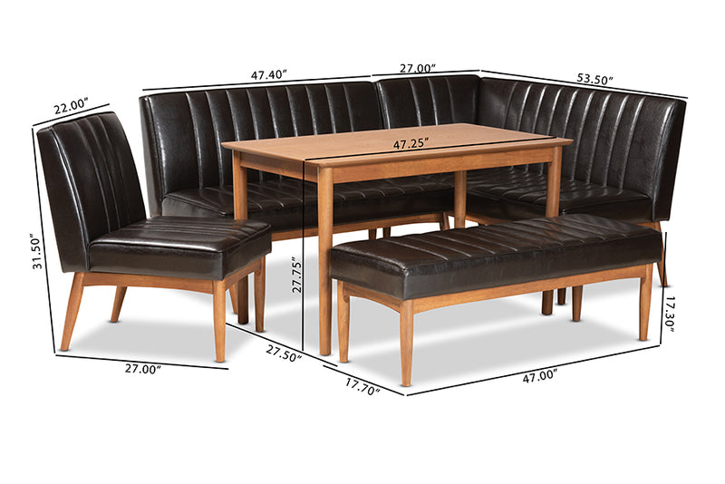 Camelia Mid-Century Modern Dark Brown Faux Leather Upholstered and Walnut Brown Finished Wood 5-Piece Dining Nook Set