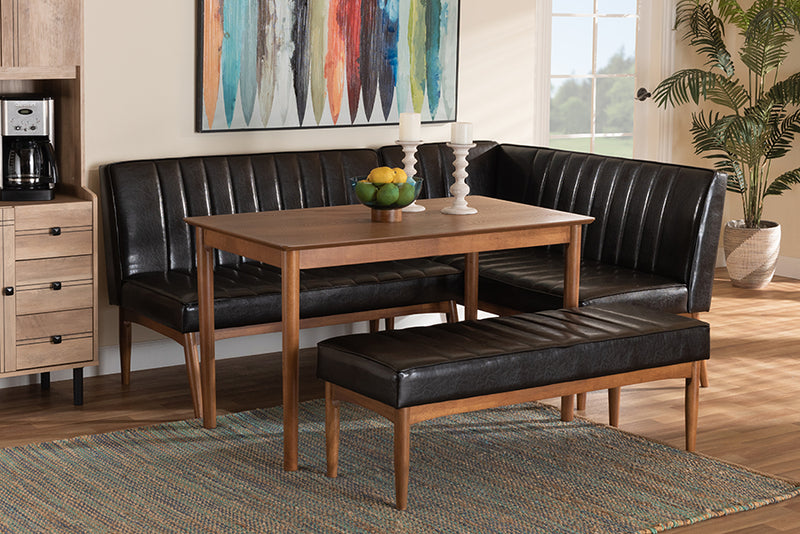 Camelia Mid-Century Modern Dark Brown Faux Leather Upholstered and Walnut Brown Finished Wood 4-Piece Dining Nook Set