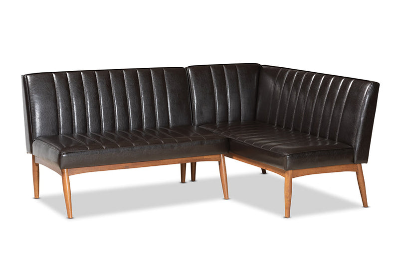 Camelia Dark Brown Faux Leather Walnut Brown 2Pc Dining Nook Banquette Set Baxton