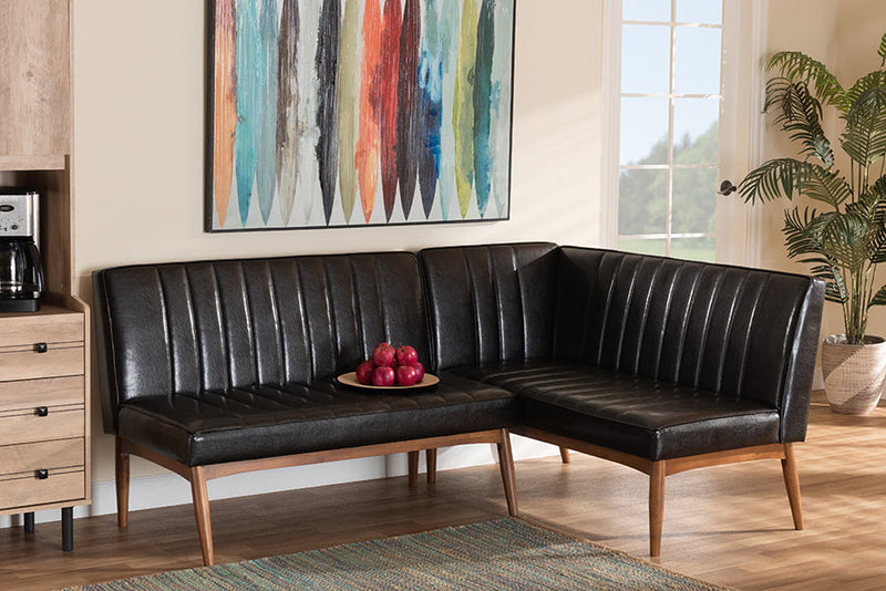 Camelia Dark Brown Faux Leather Walnut Brown 2Pc Dining Nook Banquette Set Baxton
