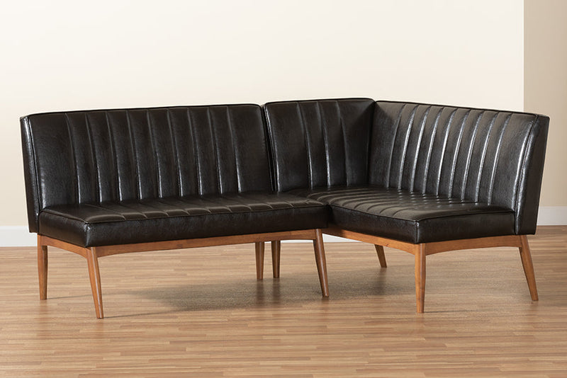 Camelia Dark Brown Faux Leather Walnut Brown 2Pc Dining Nook Banquette Set Baxton