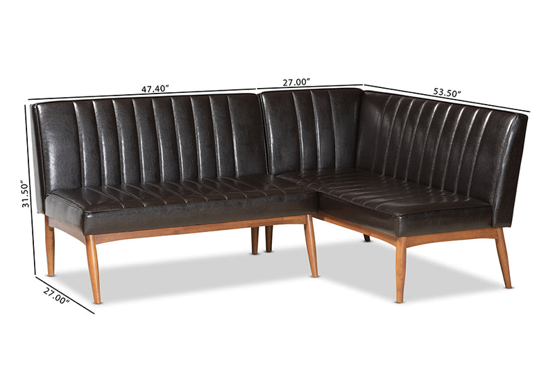 Camelia Mid-Century Modern Dark Brown Faux Leather Upholstered and Walnut Brown Finished Wood 2-Piece Dining Nook Banquette Set