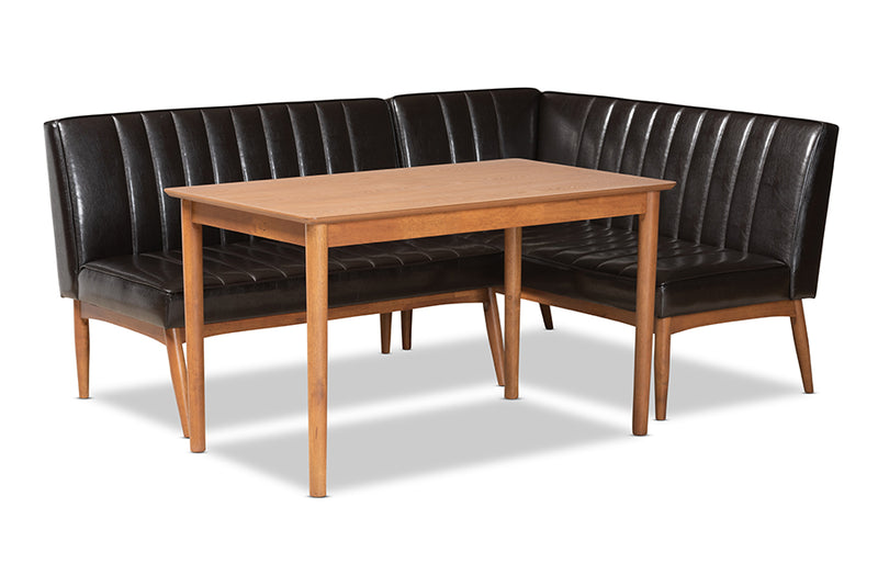 Camelia Mid-Century Modern Dark Brown Faux Leather Upholstered and Walnut Brown Finished Wood 3-Piece Dining Nook Set