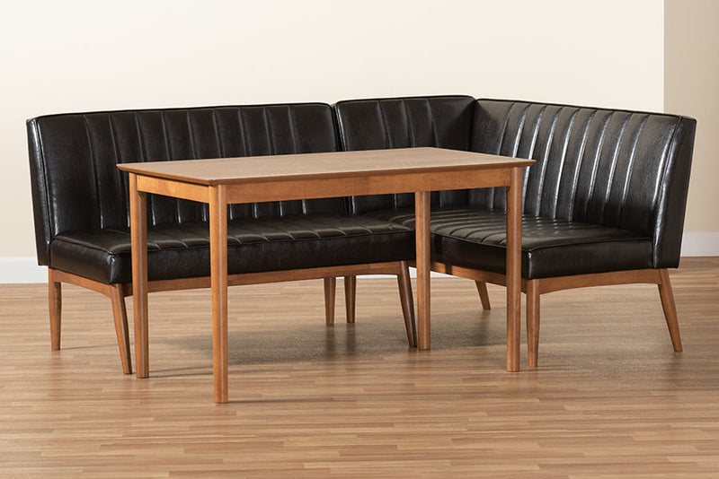 Camelia Dark Brown Faux Leather Walnut Brown 3-Piece Dining Nook Set Baxton