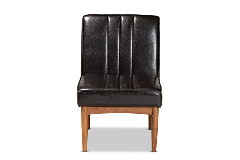 Camelia Mid-Century Modern Dark Brown Faux Leather Upholstered and Walnut Brown Finished Wood Dining Chair