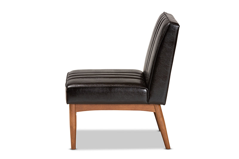 Camelia Mid-Century Modern Dark Brown Faux Leather Upholstered and Walnut Brown Finished Wood Dining Chair