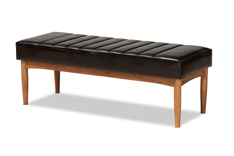 Camelia Mid-Century Modern Dark Brown Faux Leather Upholstered and Walnut Brown Finished Wood Dining Bench