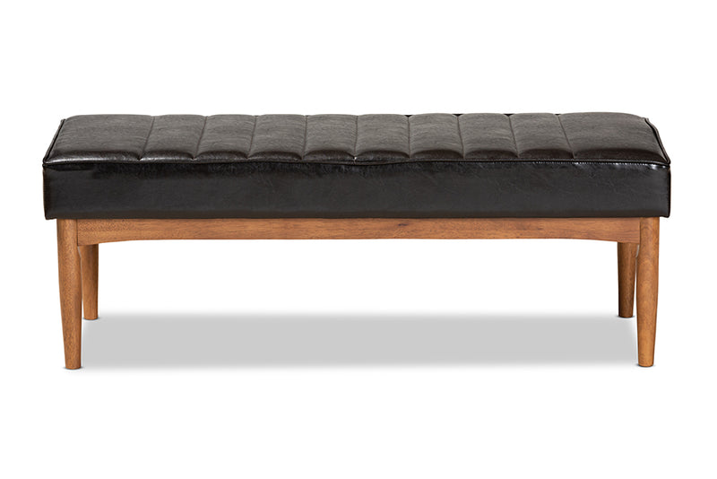 Camelia Mid-Century Modern Dark Brown Faux Leather Upholstered and Walnut Brown Finished Wood Dining Bench