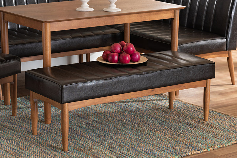 Camelia Mid-Century Modern Dark Brown Faux Leather Upholstered and Walnut Brown Finished Wood Dining Bench