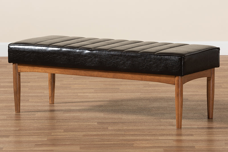 Camelia Mid-Century Modern Dark Brown Faux Leather Upholstered and Walnut Brown Finished Wood Dining Bench