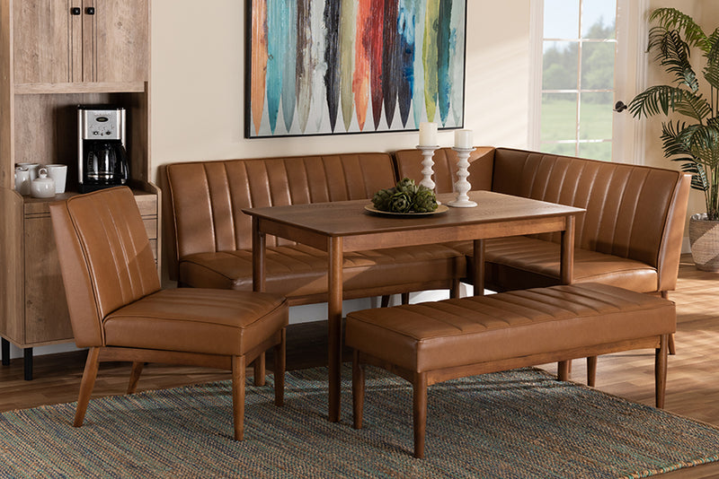 Camelia Mid-Century Modern Tan Faux Leather Upholstered and Walnut Brown Finished Wood 5-Piece Dining Nook Set