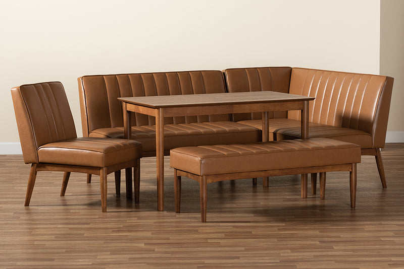 Camelia Mid-Century Modern Tan Faux Leather Upholstered and Walnut Brown Finished Wood 5-Piece Dining Nook Set