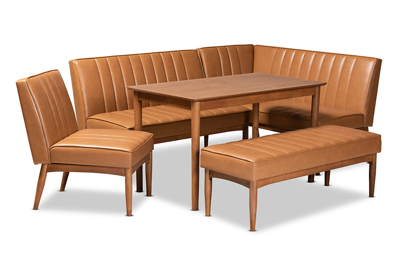 Camelia Mid-Century Modern Tan Faux Leather Upholstered and Walnut Brown Finished Wood 5-Piece Dining Nook Set