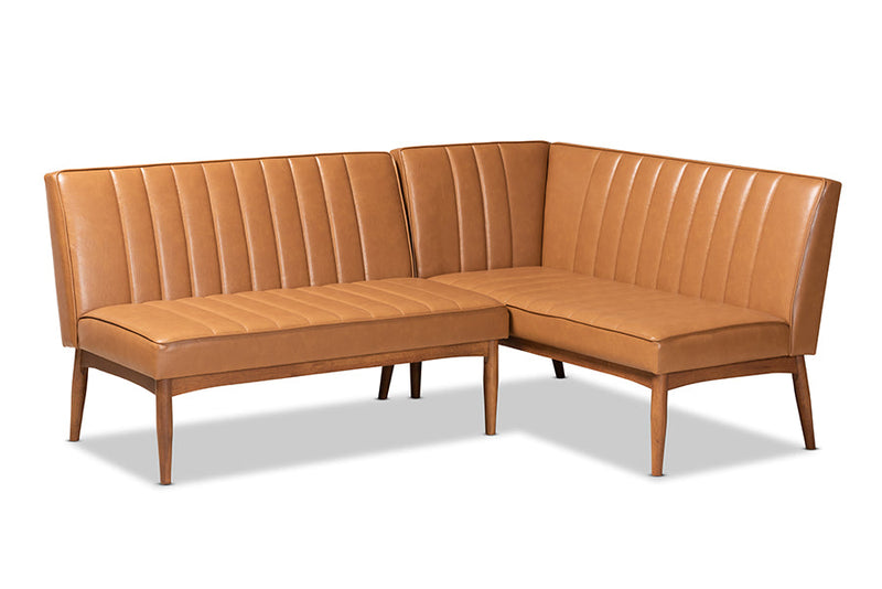 Camelia Tan Faux Leather Walnut Brown 2Pc Dining Nook Banquette Set Baxton