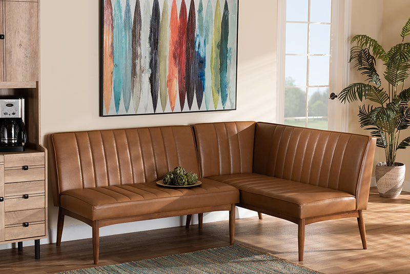 Camelia Mid-Century Modern Tan Faux Leather Upholstered and Walnut Brown Finished Wood 2-Piece Dining Nook Banquette Set