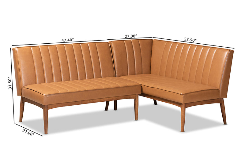 Camelia Mid-Century Modern Tan Faux Leather Upholstered and Walnut Brown Finished Wood 2-Piece Dining Nook Banquette Set