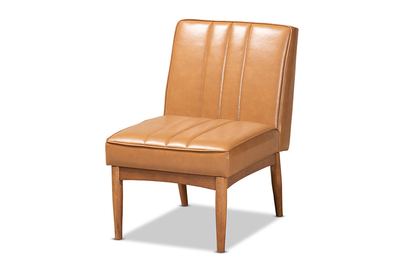 Camelia Mid-Century Modern Tan Faux Leather Upholstered and Walnut Brown Finished Wood Dining Chair