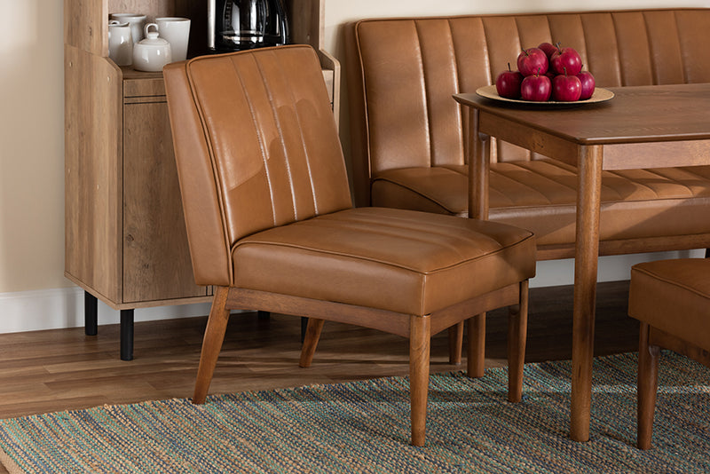 Camelia Mid-Century Modern Tan Faux Leather Upholstered and Walnut Brown Finished Wood Dining Chair