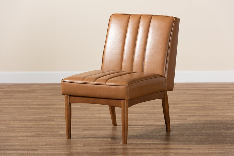 Camelia Mid-Century Modern Tan Faux Leather Upholstered and Walnut Brown Finished Wood Dining Chair