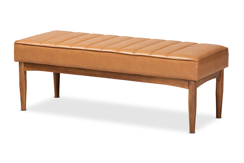 Camelia Mid-Century Modern Tan Faux Leather Upholstered and Walnut Brown Finished Wood Dining Bench