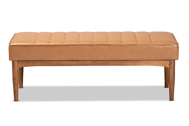 Camelia Mid-Century Modern Tan Faux Leather Upholstered and Walnut Brown Finished Wood Dining Bench