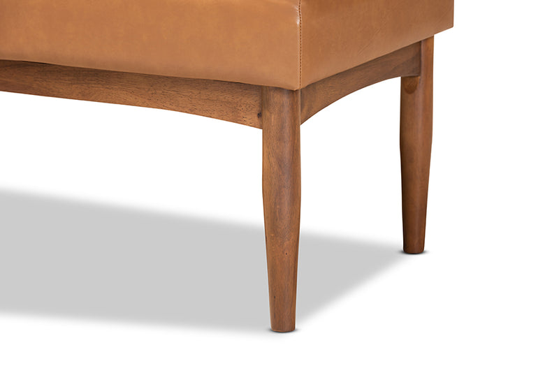 Camelia Mid-Century Modern Tan Faux Leather Upholstered and Walnut Brown Finished Wood Dining Bench