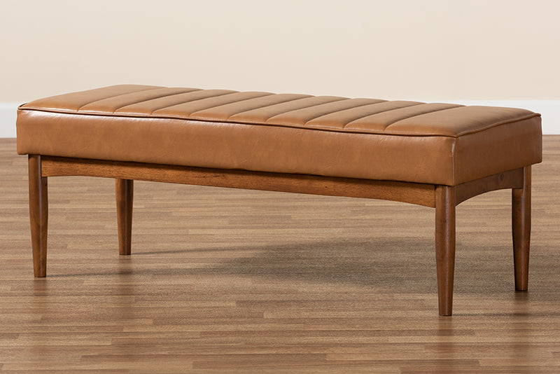 Camelia Mid-Century Modern Tan Faux Leather Upholstered and Walnut Brown Finished Wood Dining Bench