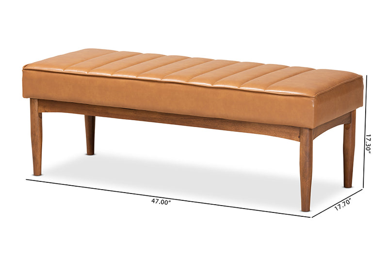 Camelia Mid-Century Modern Tan Faux Leather Upholstered and Walnut Brown Finished Wood Dining Bench