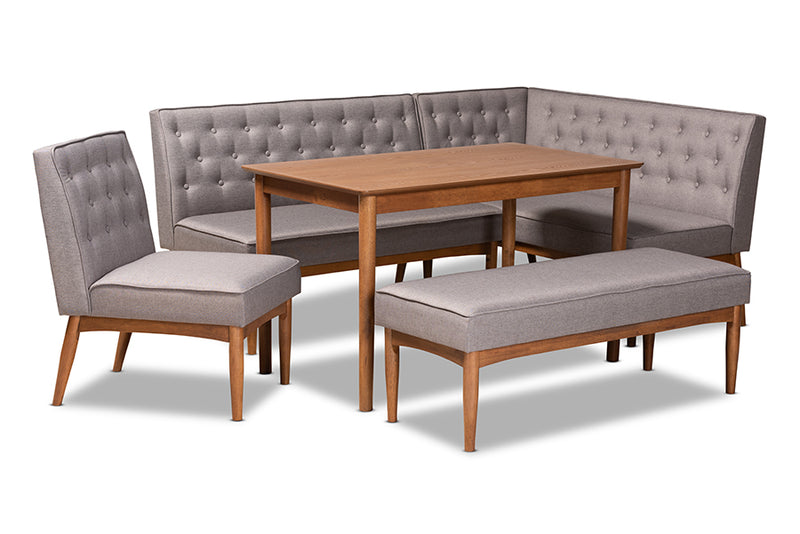 Mario Mid-Century Modern Gray Fabric Upholstered and Walnut Brown Finished Wood 5-Piece Dining Nook Set